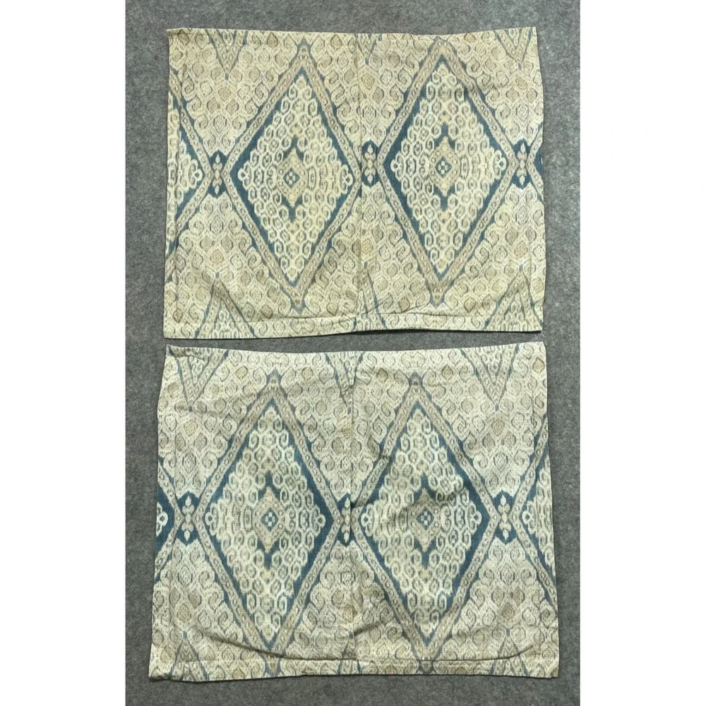 2 West Elm Peyton Ikat Standard Shams Marina Blue Tan Beige Cotton Boho Pillow